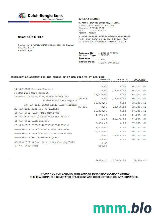 Bangladesz City Bank wyciąg z konta Word i PDF szablon, 2 strony